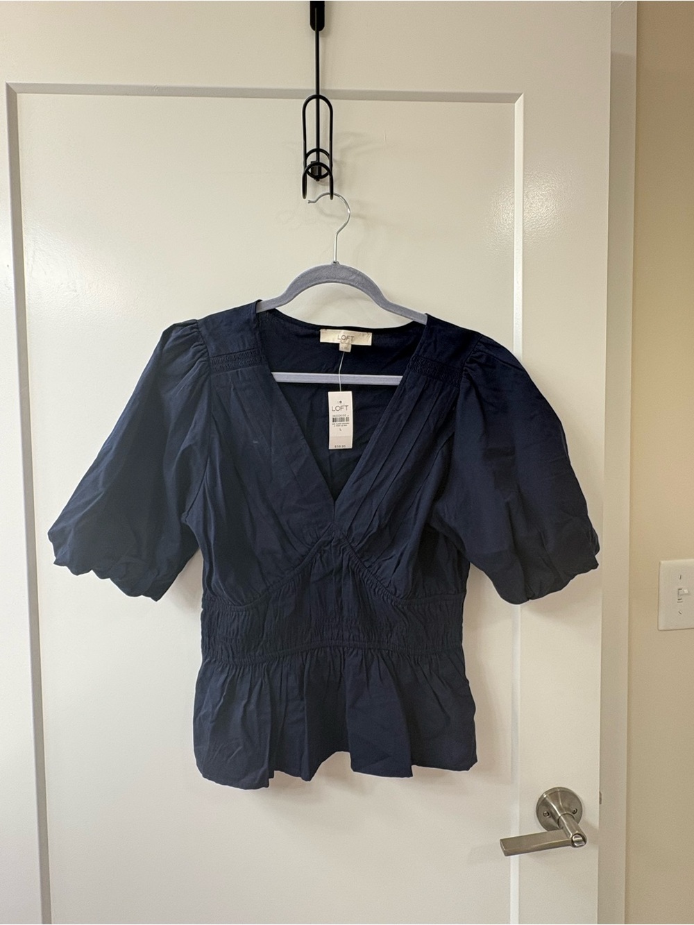 NWT LOFT Navy Blue Puff Sleeve Smocked Waist Blouse SZ L